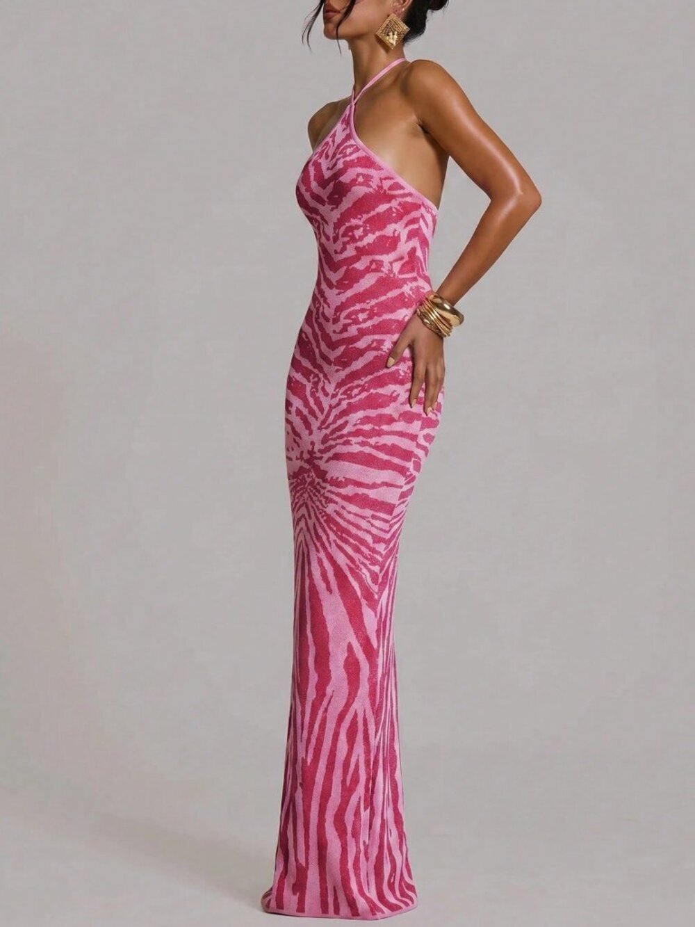 Pink Sexy Women's Fitted Knit Halterneck Maxi Dress - Picture 5 of 6